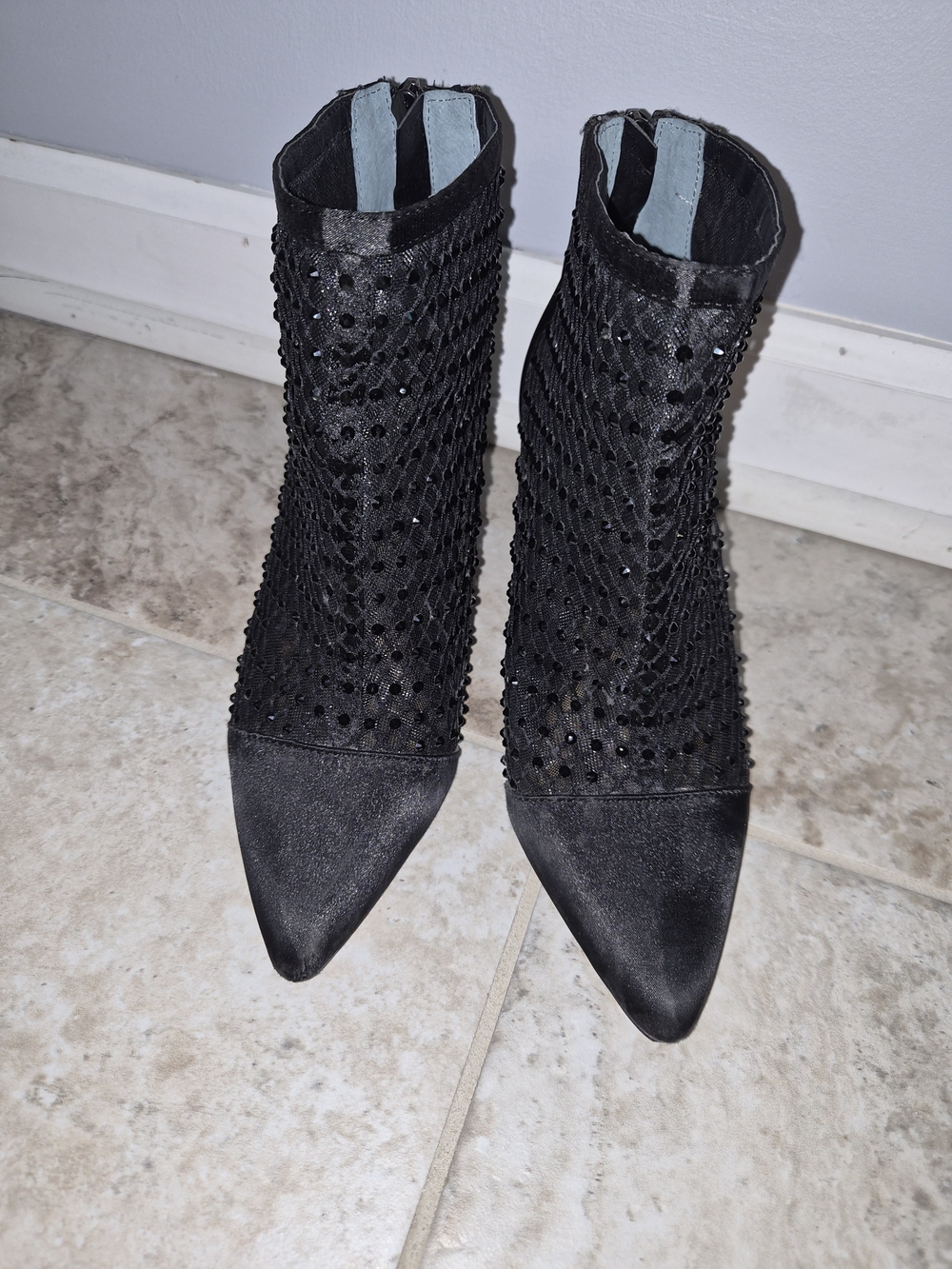 J. Renee Black Mesh And Reinstone Pointed-Toe Ankle Boots